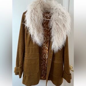 Free People Tan Corduroy Jacket with Cream Fur Collar